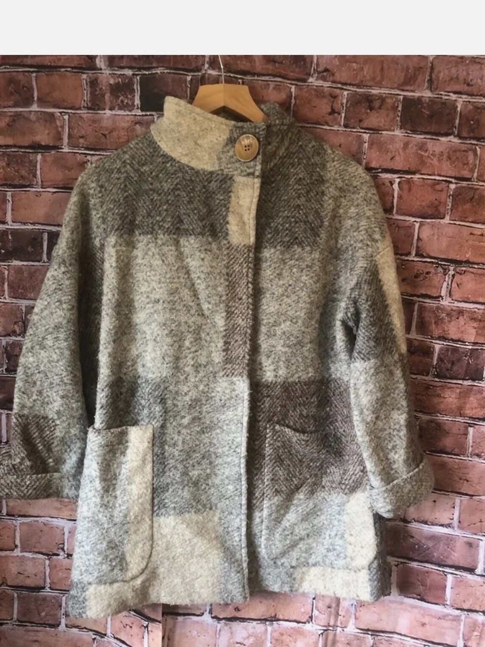 NICOLE FARHI Neutral Patchwork Wool-Blend Pea Coat